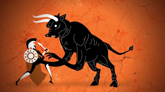 theseus fighting the minotaur in ancient greek orange and black figure style