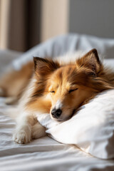 白いベッドで眠るシェットランド・シープドッグの穏やかな姿
