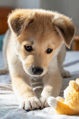 おもちゃを見つめる子犬の好奇心あふれる表情

