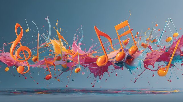 Three dimensional musical notation explodes in a vibrant splash of liquid color