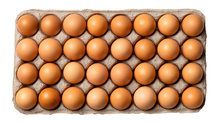 Top view of brown chicken eggs in carton tray &ndash; organic farm fresh eggs isolated