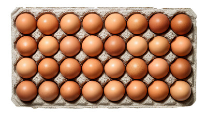 Top view of brown chicken eggs in carton tray &ndash; organic farm fresh eggs isolated