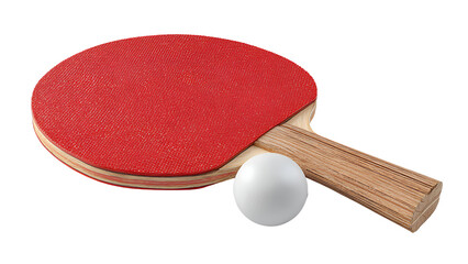 Red ping pong paddle and white ball isolated on transparent background &ndash; table tennis equipment