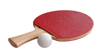 Red ping pong paddle and white ball isolated on transparent background &ndash; table tennis equipment