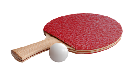 Red ping pong paddle and white ball isolated on transparent background – table tennis equipment