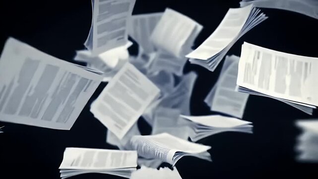 White Paper Documents Falling Through Dark Background With Motion Blur Effect and Soft Lighting