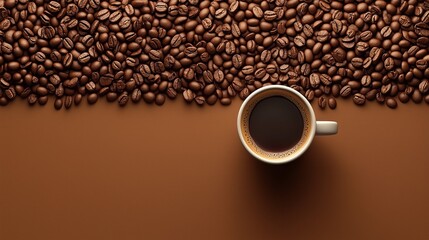 Dark coffee cup rests on a smooth brown surface, surrounded by roasted coffee beans, creating a cozy ambiance perfect for coffee enthusiasts and relaxation
