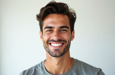 Obraz premium Handsome smiling man poses. Confident guy looks with positive emotions. Charismatic male shows his white perfect teeth. Portrait with brunette hair and beard wears t-shirt with blurred background.