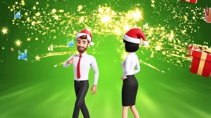 3D cartoon business people in Santa hats, holding gifts, surrounded by charts and icons