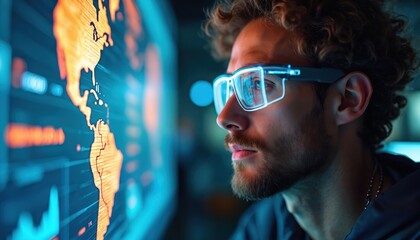 Man observes holographic display of world map data with augmented reality glasses. Works with digital tech for global shipping system. Tech specialist analyzes information at workspace inside modern
