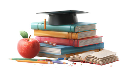 Education concept with books, graduation cap, and apple isolated on transparent background