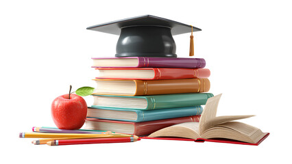 Education concept with books, graduation cap, and apple isolated on transparent background