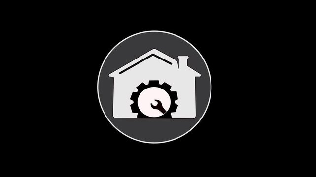 Home repair and maintenance logo icon with gear and wrench. A minimalist circular logo icon featuring a white house silhouette with a black gear and wrench symbol in the foreground.- Animation