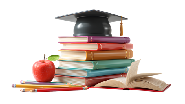 Education concept with books, graduation cap, and apple isolated on transparent background
