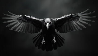 Naklejka premium Black raven with spread wings flies directly towards viewer. Sharp eyes stare intensely. Intricate feather details visible. Dark background enhances drama.