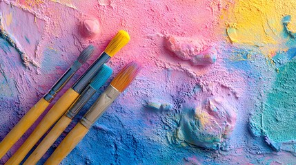 Fototapeta premium Four paintbrushes rest diagonally across a textured surface featuring vibrant, mixed pastel pigments.