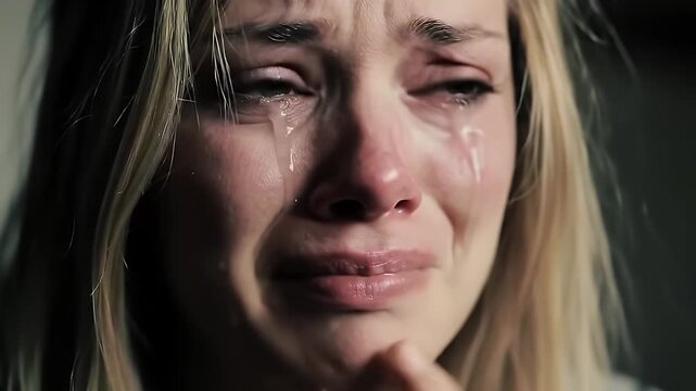 Close up Extreme Distress Emotional Portrait of a Young Woman Crying Tears and Holding Her Face in Agony Dark Moody