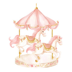 メリーゴーランドの水彩イラスト かわいいピンクのメリーゴーランド