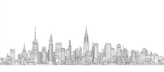 Sketchy, monochrome panorama of a dense, modern city skyline
