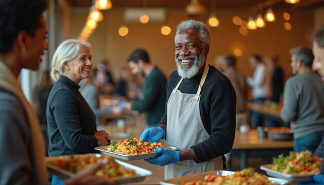 Smiling man serves food to people in a community center. Volunteers help with meal service. People share food, showing kindness and support. Social gathering promotes unity and care.