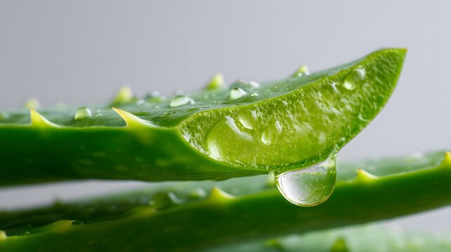 Cross section of a succulent leaf displays moisture beads and a dripping gel globule against a soft background