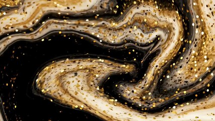 Abstract Luxurious Swirling Black White and Gold Liquid with Floating Golden Glitter Particles