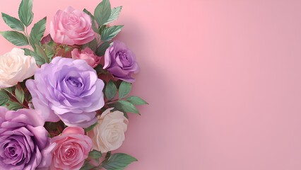 Elegant pastel roses bouquet on pink background &ndash; romantic floral wallpaper design