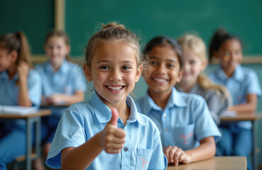 Young diverse schoolgirls sit in classroom desks. One happy girl smiles brightly, shows thumbs up gesture. Students visible in background. Education learning concepts. Happy childhood moment, new