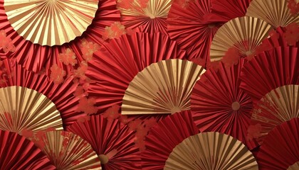 Red and gold oriental fans create a luxurious pattern. Decorative elements with intricate details add texture and depth. A vibrant, festive backdrop for celebrations and cultural events.