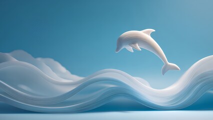 Minimal 3D dolphin jumping over abstract ocean waves &ndash; modern pastel blue design
