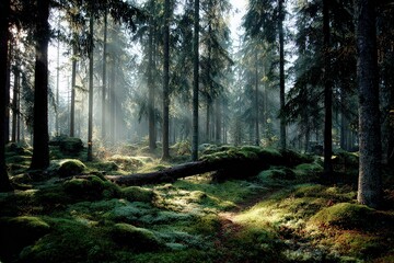 Obraz premium Sunlight Streams Through Trees In Lush Forest With Green Undergrowth