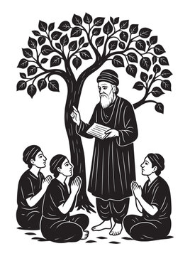 Saint Kabir Das teaching disciples under tree, spiritual wisdom vector illustration in traditional Indian black silhouette art style