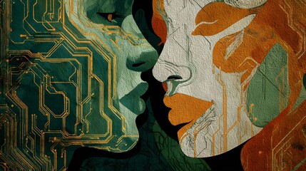 Two stylized faces merge with intricate circuit board patterns in contrasting colors