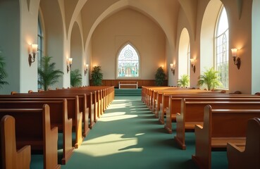 Fototapeta premium Rows of empty wooden pews in a church nave bathed in soft sunlight streaming through arched windows. A green carpeted floor leads to an altar with a stained glass window.