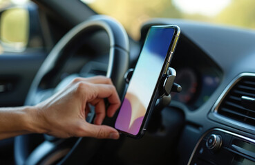 Driver attaches smartphone to magnetic holder inside car. Closeup hand places phone on dashboard mount for navigation. Safe driving accessory uses car interior.