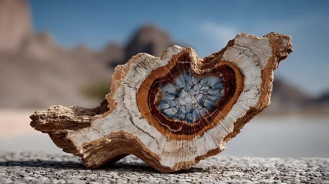 Close Up Of A Natural Geode With Layered Bands Of Gold White And Blue Crystals In A Desert Landscape With Mountains In