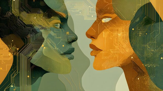 Two stylized human profiles face each other overlaid with intricate electronic circuitry patterns
