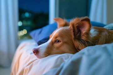 夜の静寂に包まれて窓辺で物思いにふける犬
