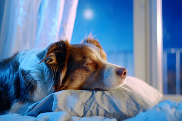 夜の静寂に包まれて窓辺で物思いにふける犬
