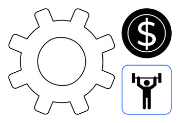 Gear icon symbolizing productivity, dollar sign representing financial success, and weightlifting figure denoting strength and personal development. Ideal for business, finance, productivity