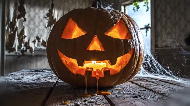 vintage haunted tableau of a carved pumpkin on a scuffed table in a derelict interior, dust, decay and soft candle glow for eerie editorial assets