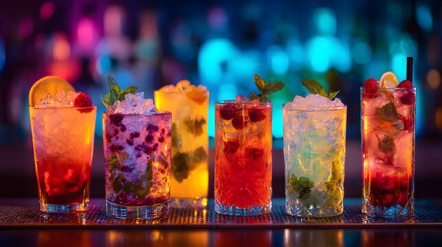 Group of colorful, freshly prepared cold beverages sits illuminated upon a reflective bar surface.