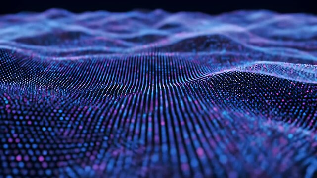 Abstract Blue And Purple Digital Particles In Wavy Formation Over Dark Background