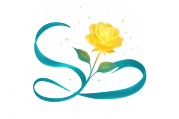 Glowing yellow rose with teal ribbon creating magical s letter, sparkling elegance of love illustration on transparent background