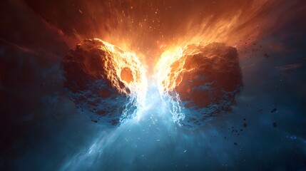 Two massive celestial bodies violently collide amidst cosmic dust and glowing energy
