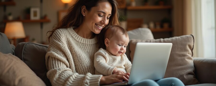 Smiling mother works from home on laptop, cuddling baby. Infant sits happily on lap, looking at computer screen with interest. Woman balances remote job, motherhood, showing modern family lifestyle.