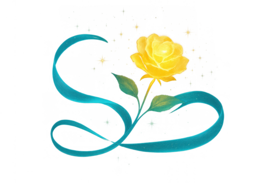Glowing yellow rose with teal ribbon creating magical s letter, sparkling elegance of love illustration on transparent background