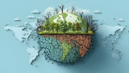 Global warming and climate change concept &ndash; earth cracking and deforestation illustration