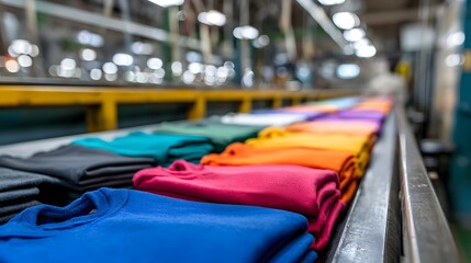 Obraz premium Rows of freshly folded, vividly colored garments move along a factory production line.