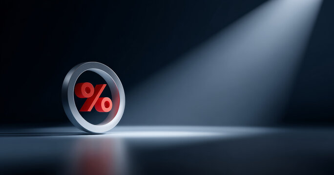 A red percentage sign in a silver circle on top of a reflective surface with light shining down from above